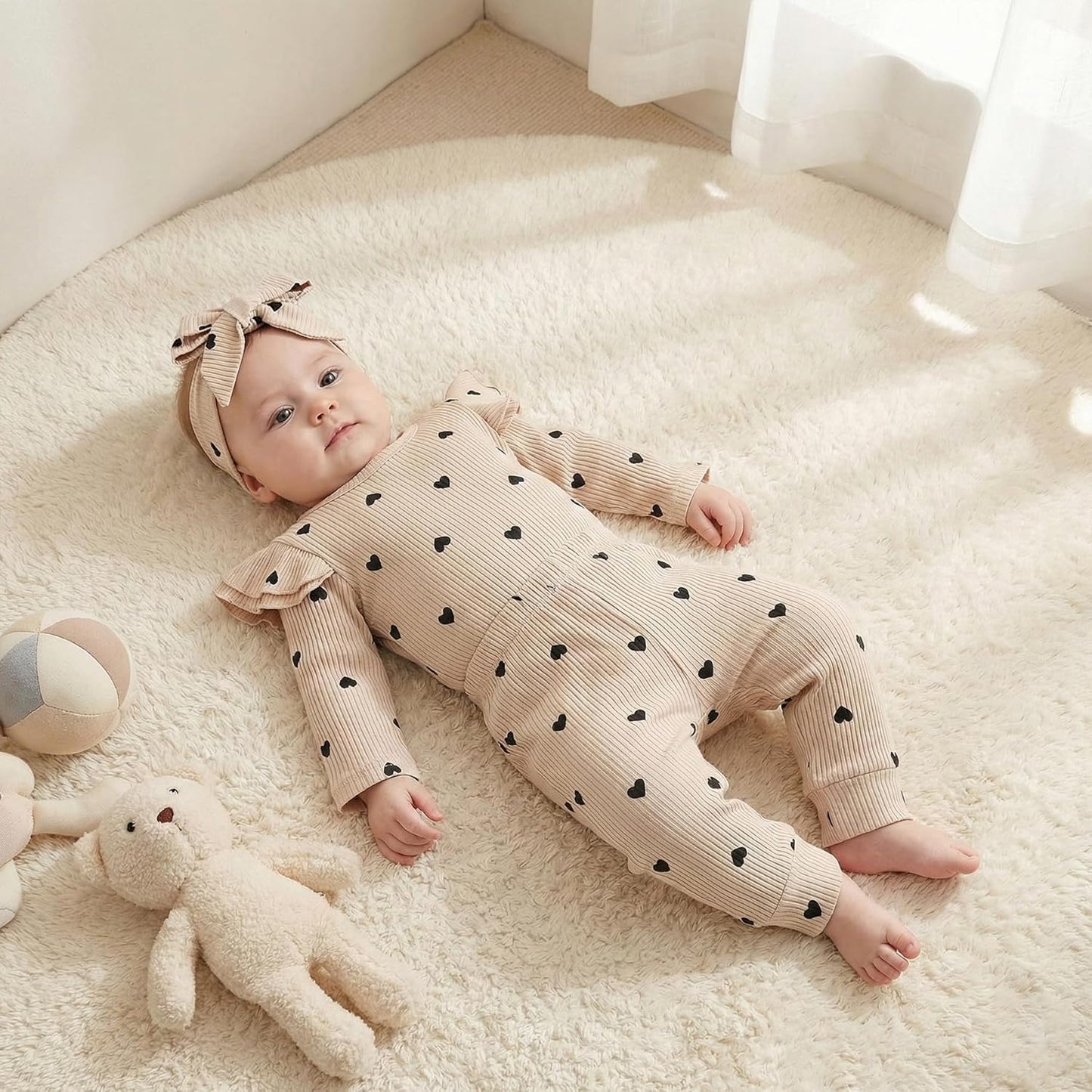 Baby Girl'S 3Pc Rib Frill Long Sleeve Romper and Pant Set