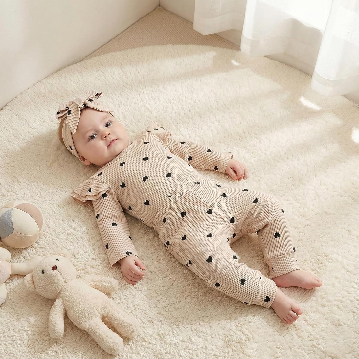 Baby Girl'S 3Pc Rib Frill Long Sleeve Romper and Pant Set