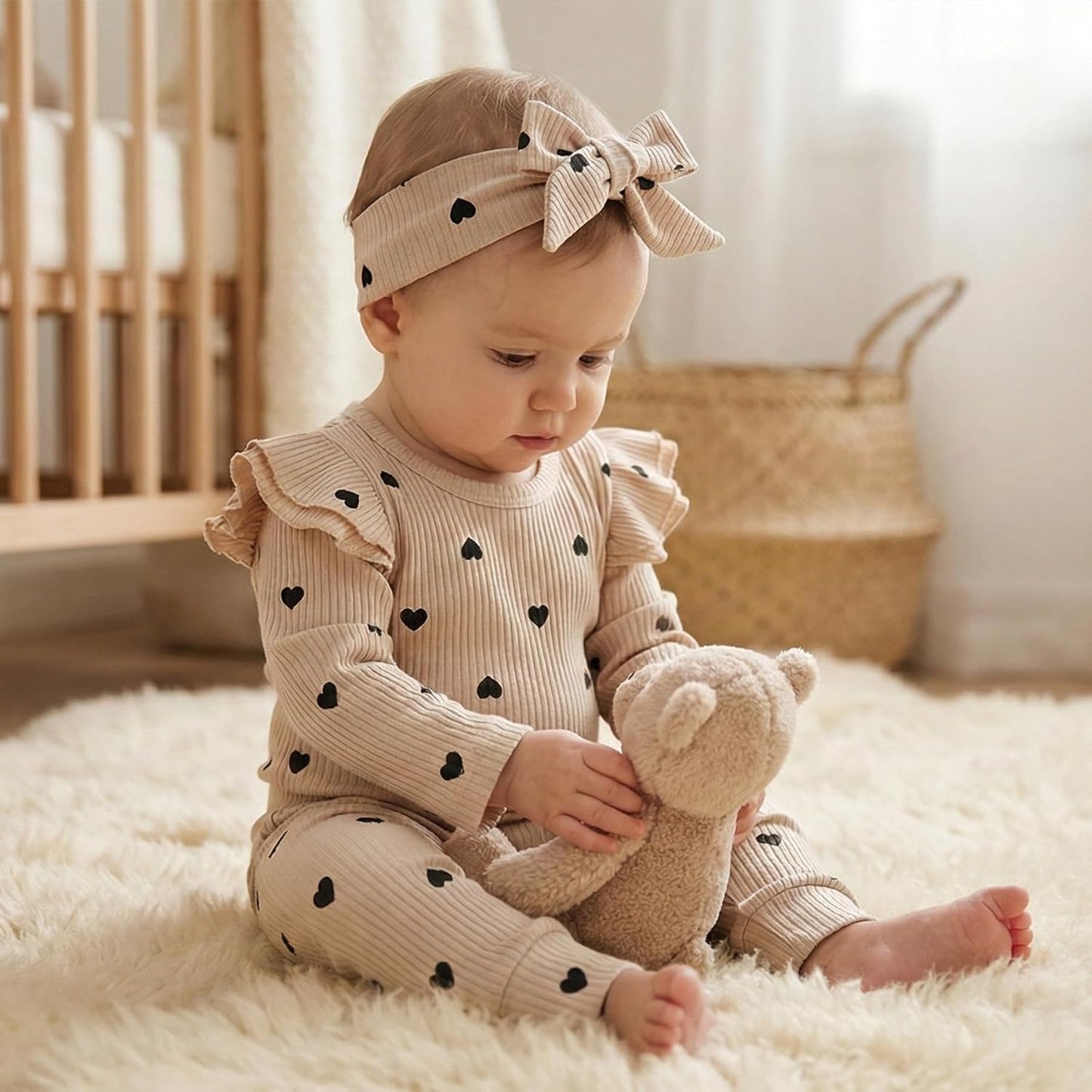 Baby Girl'S 3Pc Rib Frill Long Sleeve Romper and Pant Set