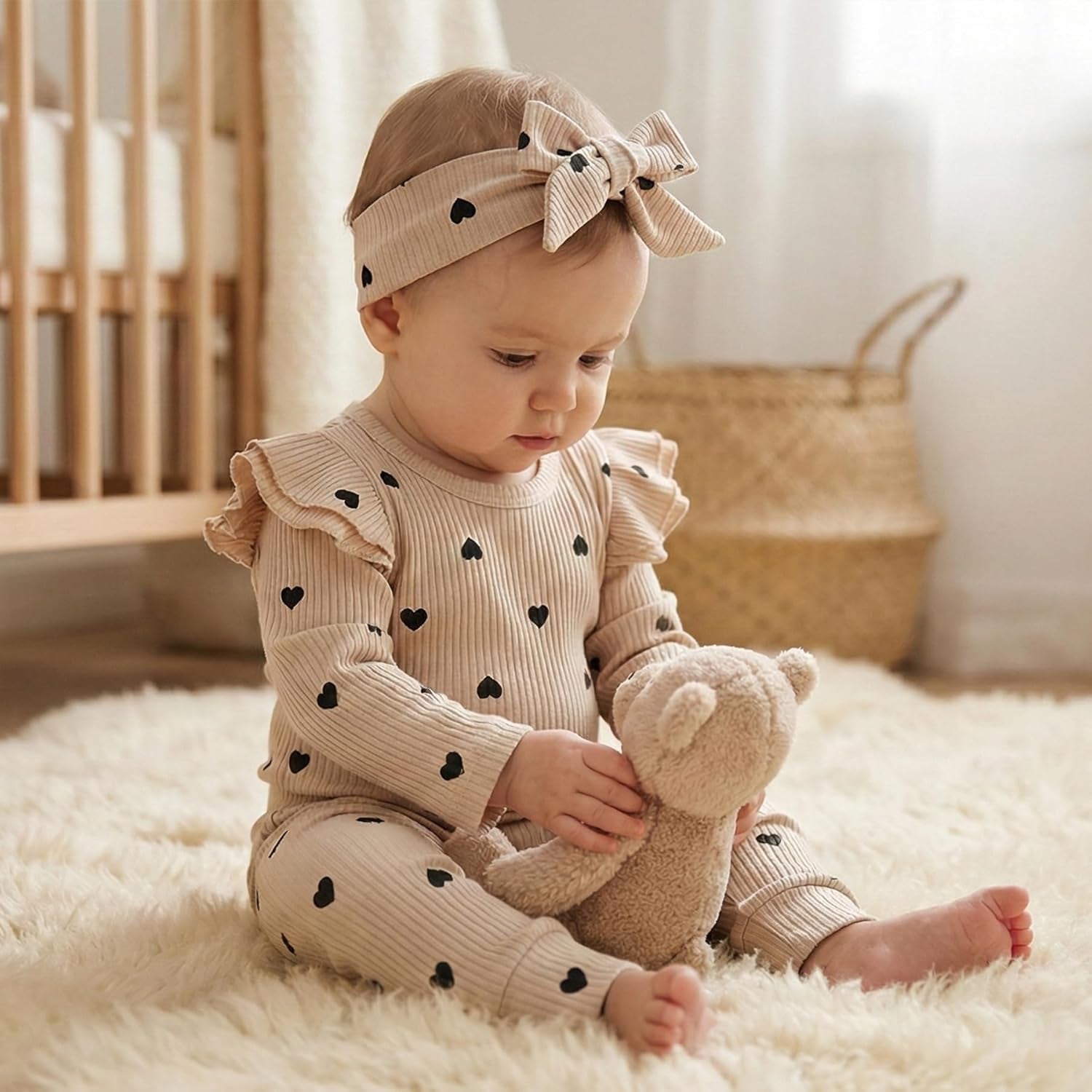 Baby Girl'S 3Pc Rib Frill Long Sleeve Romper and Pant Set