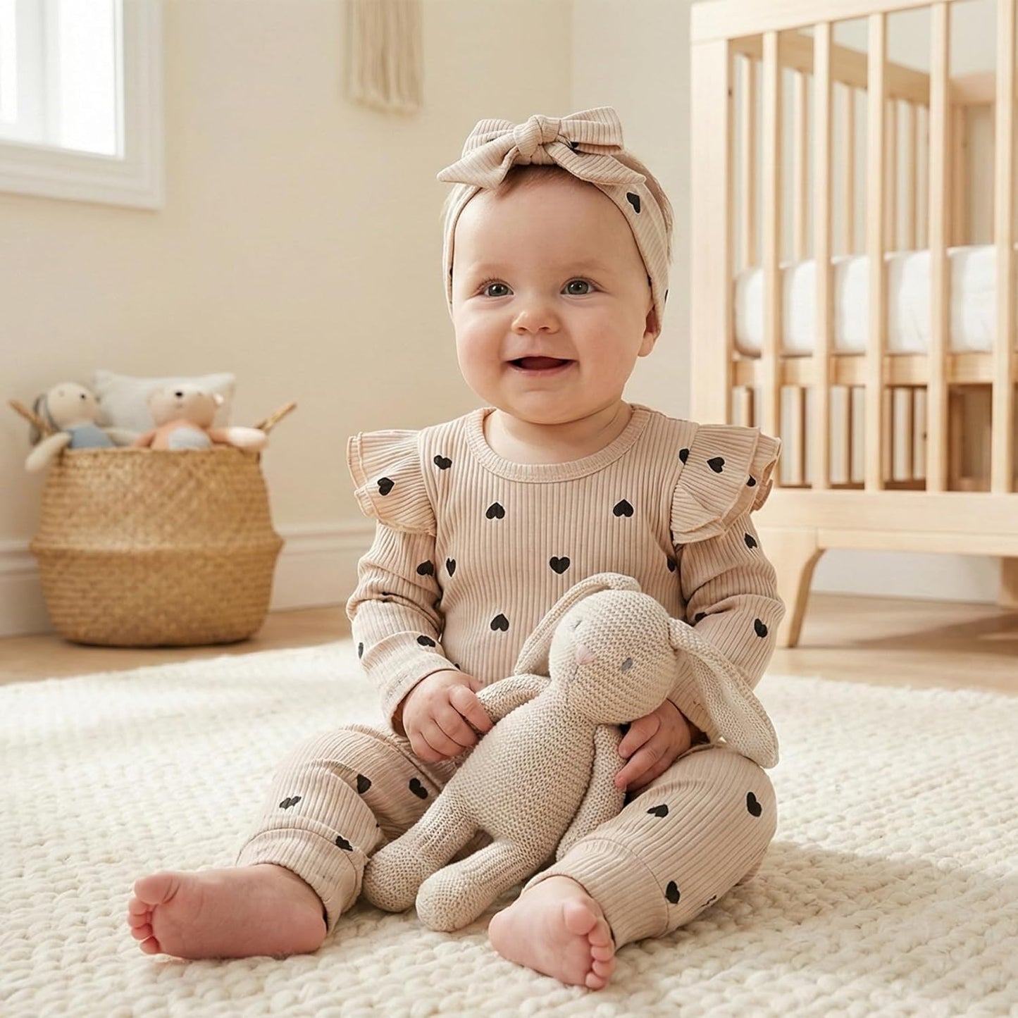 Baby Girl'S 3Pc Rib Frill Long Sleeve Romper and Pant Set