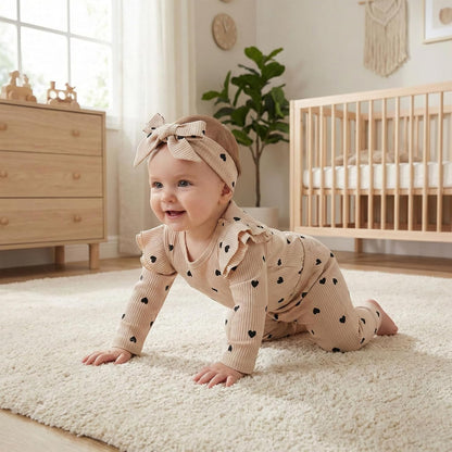 Baby Girl'S 3Pc Rib Frill Long Sleeve Romper and Pant Set